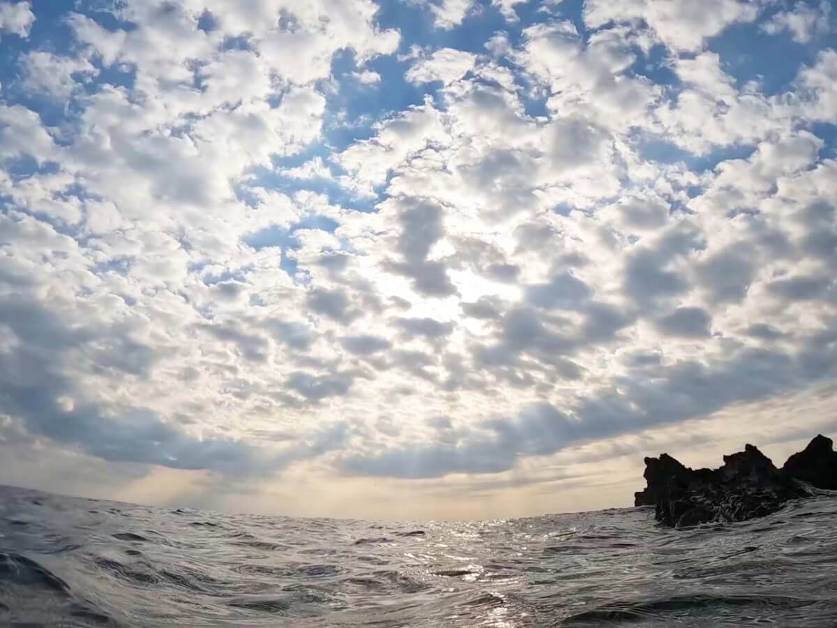 ログ前の水面から見た空！2025.9.7｜なぎさひろいの清須・西尾から送迎付き福井越前ビーチでシュノーケリングとスキンダイビングツアー